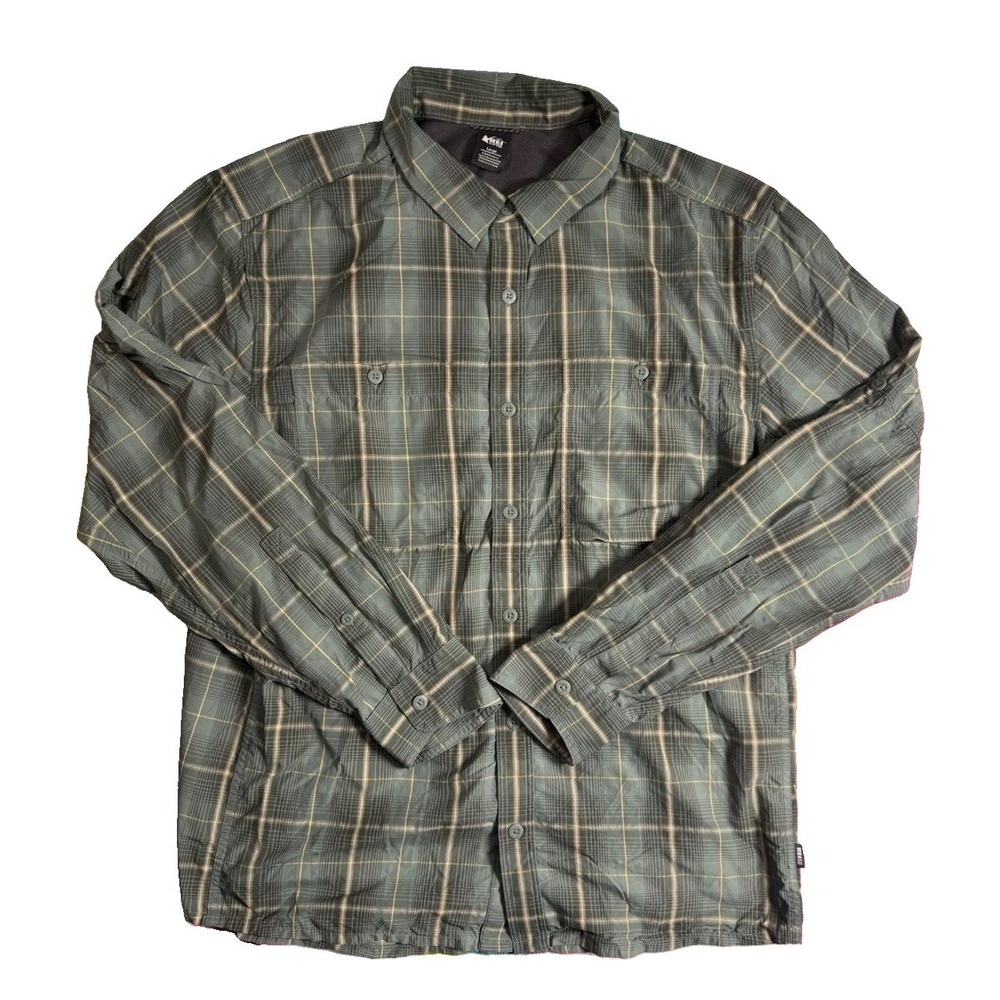 REI Coop Mens Button Up Shirt Green Plaid  Roll Tab‎ Vented Outdoor Large EUC